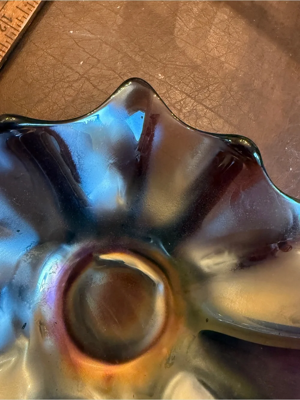 1930s Black Amethyst Carnival glass ruffled bowl 8”